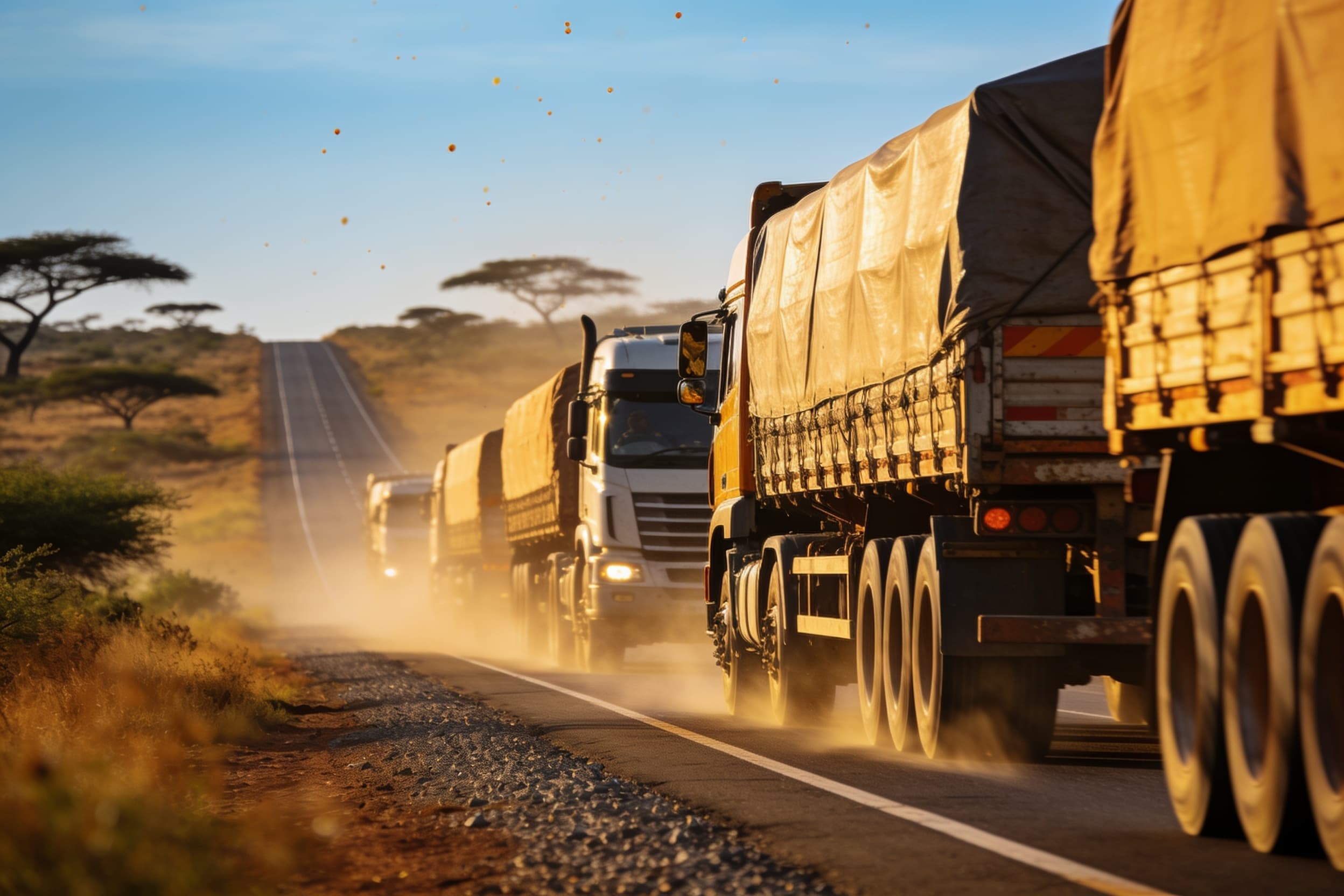Freight trucks hauling cargo along a highway corridor